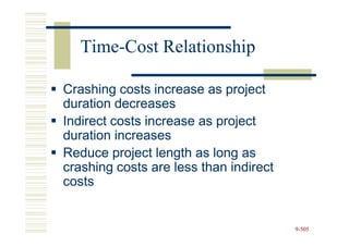 Time-
   Time-Cost Relationship

Crashing costs increase as project
duration decreases
Indirect costs increase as project
duration increases
Reduce project length as long as
crashing costs are less than indirect
costs


                                        9-505
 