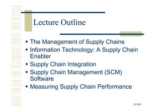 Lecture Outline

The Management of Supply Chains
Information Technology: A Supply Chain
Enabler
Supply Chain Integration
Supply Chain Management (SCM)
Software
Measuring Supply Chain Performance

                                    10-508
                                    10-
 