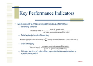 Key Performance Indicators

Metrics used to measure supply chain performance
    Inventory turnover
                                                Cost of goods sold
                   Inventory turns =
                                        Average aggregate value of inventory
    Total value (at cost) of inventory

  Average aggregate value of inventory = ∑ (average inventory for item i ) × (unit value item i )

    Days of supply
                                      Average aggregate value of inventory
                 Days of supply =
                                        (Cost of goods sold)/(365 days)
    Fill rate: fraction of orders filled by a distribution center within a
    specific time period


                                                                                                    10-529
                                                                                                    10-
 