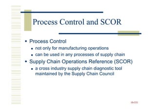 Process Control and SCOR

Process Control
  not only for manufacturing operations
  can be used in any processes of supply chain
Supply Chain Operations Reference (SCOR)
  a cross industry supply chain diagnostic tool
  maintained by the Supply Chain Council




                                                  10-531
                                                  10-
 