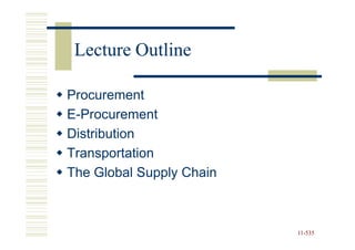 Lecture Outline

Procurement
E-Procurement
Distribution
Transportation
The Global Supply Chain



                          11-535
                          11-
 