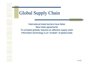 Global Supply Chain

        International trade barriers have fallen
                New trade agreements
To compete globally requires an effective supply chain
 Information technology is an “enabler” of global trade




                                                          11-552
                                                          11-
 