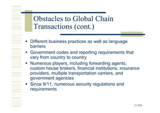 Obstacles to Global Chain
 Transactions (cont.)
Different business practices as well as language
barriers
Government codes and reporting requirements that
vary from country to country
Numerous players, including forwarding agents,
custom house brokers, financial institutions, insurance
providers, multiple transportation carriers, and
government agencies
Since 9/11, numerous security regulations and
requirements


                                                    11-554
                                                    11-
 