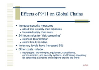 Effects of 9/11 on Global Chains

Increase security measures
   added time to supply chain schedules
   Increased supply chain costs
24 hours rules for “risk screening”
   extended documentation
   extend time by 3-4 days
                  3-
Inventory levels have increased 5%
Other costs include:
   new people, technologies, equipment, surveillance,
   communication, and security systems, and training necessary
   for screening at airports and seaports around the world


                                                          11-563
                                                          11-
 