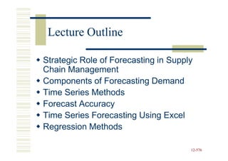 Lecture Outline

Strategic Role of Forecasting in Supply
Chain Management
Components of Forecasting Demand
Time Series Methods
Forecast Accuracy
Time Series Forecasting Using Excel
Regression Methods

                                      12-576
                                      12-
 