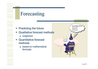 Forecasting

Predicting the future
Qualitative forecast methods
   subjective
Quantitative forecast
methods
   based on mathematical
   formulas




                               12-577
                               12-
 