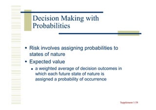 Decision Making with
 Probabilities

Risk involves assigning probabilities to
states of nature
Expected value
  a weighted average of decision outcomes in
  which each future state of nature is
  assigned a probability of occurrence




                                           Supplement 1-58
                                                      1-
 