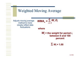 Weighted Moving Average

                                    Σ Wi Di
                                    n
Adjusts moving average     WMAn =
      method to more                i=1
    closely reflect data
        fluctuations
                           where
                             Wi = the weight for period i,
                                     between 0 and 100
                                          percent

                                        Σ Wi = 1.00

                                                       12-594
                                                       12-
 