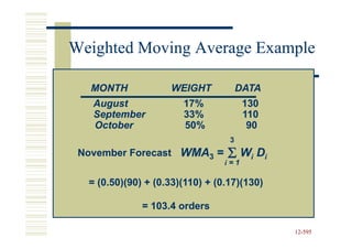 Weighted Moving Average Example

   MONTH            WEIGHT            DATA
   August              17%             130
   September           33%             110
   October             50%              90
                                  3
 November Forecast WMA3 =         Σ1 Wi Di
                                 i=

  = (0.50)(90) + (0.33)(110) + (0.17)(130)

              = 103.4 orders

                                             12-595
                                             12-
 