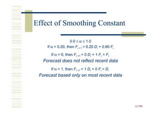 Effect of Smoothing Constant

                   0.0 ≤ α ≤ 1.0
    If α = 0.20, then Ft +1 = 0.20 Dt + 0.80 Ft

      If α = 0, then Ft +1 = 0 Dt + 1 Ft = Ft
  Forecast does not reflect recent data
      If α = 1, then Ft +1 = 1 Dt + 0 Ft = Dt
 Forecast based only on most recent data




                                                  12-598
                                                  12-
 