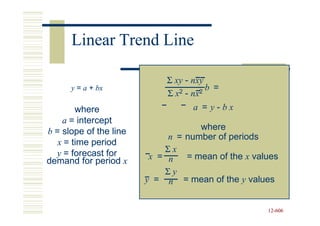 Linear Trend Line

                             Σ xy - nxy
      y = a + bx                        b =
                             Σx 2 - nx2


        where                       a = y-bx
    a = intercept
b = slope of the line               where
                             n = number of periods
   x = time period
  y = forecast for          Σx
demand for period x      x = n   = mean of the x values
                            Σy
                        y = n = mean of the y values


                                                    12-606
                                                    12-
 