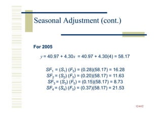 Seasonal Adjustment (cont.)


For 2005

  y = 40.97 + 4.30x = 40.97 + 4.30(4) = 58.17
              4.30x

     SF1 = (S1) (F5) = (0.28)(58.17) = 16.28
           (S (F
     SF2 = (S2) (F5) = (0.20)(58.17) = 11.63
           (S (F
      SF3 = (S3) (F5) = (0.15)(58.17) = 8.73
            (S (F
     SF4 = (S4) (F5) = (0.37)(58.17) = 21.53
           (S (F


                                                12-612
                                                12-
 
