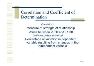 Correlation and Coefficient of
Determination
                Correlation, r
   Measure of strength of relationship
    Varies between -1.00 and +1.00
       Coefficient of determination, r2
  Percentage of variation in dependent
   variable resulting from changes in the
            independent variable



                                            12-634
                                            12-
 