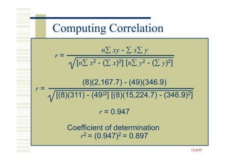 Computing Correlation
                    n∑ xy - ∑ x∑ y
     r=
            [n∑ x2 - (∑ x)2] [n∑ y2 - (∑ y)2]
                             [n

              (8)(2,167.7) - (49)(346.9)
r=
     [(8)(311) - (49)2] [(8)(15,224.7) - (346.9)2]

                   r = 0.947

          Coefficient of determination
             r2 = (0.947)2 = 0.897
                                                 12-635
                                                 12-
 
