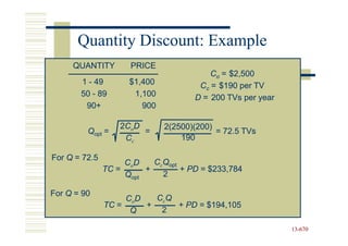 Quantity Discount: Example
     QUANTITY        PRICE
                                         Co = $2,500
       1 - 49        $1,400           Cc = $190 per TV
       50 - 89        1,100          D = 200 TVs per year
        90+             900

                   2C o D     2(2500)(200)
         Qopt =           =                = 72.5 TVs
                    Cc            190

For Q = 72.5
                    CoD    CcQopt
               TC =      +        + PD = $233,784
                    Qopt     2

For Q = 90
                    CoD   CcQ
               TC =     +     + PD = $194,105
                     Q     2

                                                            13-670
                                                            13-
 