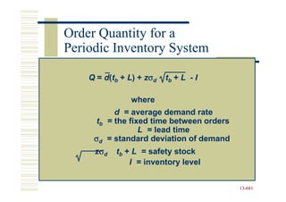 Order Quantity for a
Periodic Inventory System

    Q = d(tb + L) + zσd   tb + L - I

               where
           d = average demand rate
      tb = the fixed time between orders
                  L = lead time
     σd = standard deviation of demand
     zσd   tb + L = safety stock
               I = inventory level


                                           13-681
                                           13-
 
