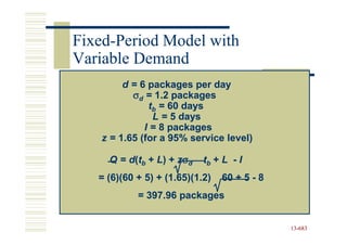 Fixed-
Fixed-Period Model with
Variable Demand
         d = 6 packages per day
           σd = 1.2 packages
               tb = 60 days
                L = 5 days
              I = 8 packages
    z = 1.65 (for a 95% service level)

     Q = d(tb + L) + zσd    tb + L - I
   = (6)(60 + 5) + (1.65)(1.2)   60 + 5 - 8
            = 397.96 packages


                                              13-683
                                              13-
 