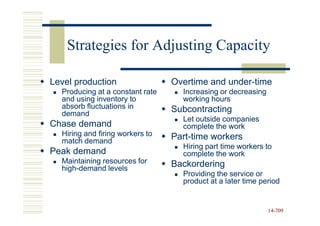 Strategies for Adjusting Capacity

Level production                 Overtime and under-time
                                              under-
  Producing at a constant rate     Increasing or decreasing
  and using inventory to           working hours
  absorb fluctuations in         Subcontracting
  demand
                                   Let outside companies
Chase demand                       complete the work
  Hiring and firing workers to   Part-
                                 Part-time workers
  match demand
                                   Hiring part time workers to
Peak demand                        complete the work
  Maintaining resources for      Backordering
  high-
  high-demand levels
                                   Providing the service or
                                   product at a later time period


                                                              14-709
                                                              14-
 