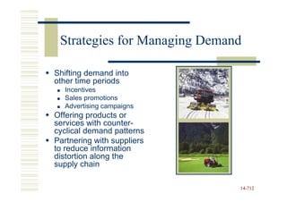 Strategies for Managing Demand

Shifting demand into
other time periods
  Incentives
  Sales promotions
  Advertising campaigns
Offering products or
services with counter-
cyclical demand patterns
Partnering with suppliers
to reduce information
distortion along the
supply chain

                              14-712
                              14-
 