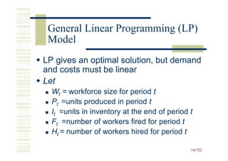 General Linear Programming (LP)
 Model
LP gives an optimal solution, but demand
and costs must be linear
Let
  Wt = workforce size for period t
  Pt =units produced in period t
  It =units in inventory at the end of period t
  Ft =number of workers fired for period t
  Ht = number of workers hired for period t

                                              14-722
                                              14-
 