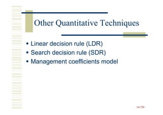 Other Quantitative Techniques

Linear decision rule (LDR)
Search decision rule (SDR)
Management coefficients model




                                14-730
                                14-
 