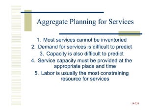 Aggregate Planning for Services

  1. Most services cannot be inventoried
2. Demand for services is difficult to predict
    3. Capacity is also difficult to predict
4. Service capacity must be provided at the
          appropriate place and time
 5. Labor is usually the most constraining
             resource for services



                                             14-738
                                             14-
 