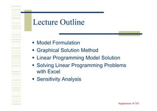 Lecture Outline

 Model Formulation
 Graphical Solution Method
 Linear Programming Model Solution
 Solving Linear Programming Problems
 with Excel
 Sensitivity Analysis



                                Supplement 14-743
                                           14-
 