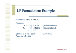 LP Formulation: Example

Maximize Z = $40 x1 + 50 x2
Subject to
          x1 +      2x2 ≤ 40 hr    (labor constraint)
         4x1 +      3x2 ≤ 120 lb   (clay constraint)
                 x1 , x2 ≥ 0
Solution is x1 = 24 bowls          x2 = 8 mugs
Revenue = $1,360




                                                        Supplement 14-751
                                                                   14-
 