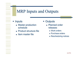 MRP Inputs and Outputs

Inputs                     Outputs
  Master production          Planned order
  schedule                   releases
  Product structure file       Work orders
                               Purchase orders
  Item master file
                               Rescheduling notices




                                                15-773
                                                15-
 