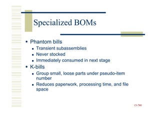 Specialized BOMs

Phantom bills
  Transient subassemblies
  Never stocked
  Immediately consumed in next stage
K-bills
  Group small, loose parts under pseudo-item
                                 pseudo-
  number
  Reduces paperwork, processing time, and file
  space


                                                 15-780
                                                 15-
 