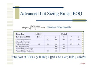Advanced Lot Sizing Rules: EOQ

                 2(30)(60
        EO Q =            = 60   minimum order quantity
                    1




Total cost of EOQ = (2 X $60) + [(10 + 50 + 40) X $1)] = $220

                                                          15-804
                                                          15-
 