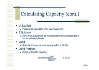 Calculating Capacity (cont.)

Utilization
   Percent of available time spent working
Efficiency
   How well a machine or worker performs compared to a
   standard output level
Load
   Standard hours of work assigned to a facility
Load Percent
   Ratio of load to capacity
                             load
                  Load Percent =          x 100%
                           capacity

                                                         15-811
                                                         15-
 