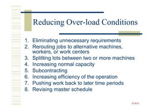 Reducing Over-load Conditions
            Over-

1. Eliminating unnecessary requirements
2. Rerouting jobs to alternative machines,
   workers, or work centers
3. Splitting lots between two or more machines
4. Increasing normal capacity
5. Subcontracting
6. Increasing efficiency of the operation
7. Pushing work back to later time periods
8. Revising master schedule

                                            15-813
                                            15-
 