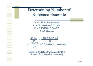 Determining Number of
  Kanbans: Example
      d = 150 bottles per hour
     L = 30 minutes = 0.5 hours
      S = 0.10(150 x 0.5) = 7.5
          C = 25 bottles


  dL + S     (150 x 0.5) + 7.5
          N=            =
    C               25
= 75 + 7.5 = 3.3 kanbans or containers
     25

Round up to 4 (to allow some slack) or
  down to 3 (to force improvement)


                                         16-848
                                         16-
 