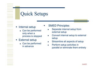 Quick Setups

Internal setup          SMED Principles
                          Separate internal setup from
   Can be performed
                          external setup
   only when a
   process is stopped     Convert internal setup to external
                          setup
External setup
                          Streamline all aspects of setup
   Can be performed
                          Perform setup activities in
   in advance
                          parallel or eliminate them entirely




                                                        16-853
                                                        16-
 