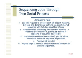 Sequencing Jobs Through
Two Serial Process
                   Johnson’s Rule
1. List time required to process each job at each machine.
     Set up a one-dimensional matrix to represent desired
               one-
           sequence with # of slots equal to # of jobs.
 2. Select smallest processing time at either machine. If
        that time is on machine 1, put the job as near to
               beginning of sequence as possible.
  3. If smallest time occurs on machine 2, put the job as
          near to the end of the sequence as possible.
                  4. Remove job from list.
5. Repeat steps 2-4 until all slots in matrix are filled and all
                   2-
                       jobs are sequenced.



                                                              17-897
                                                              17-
 