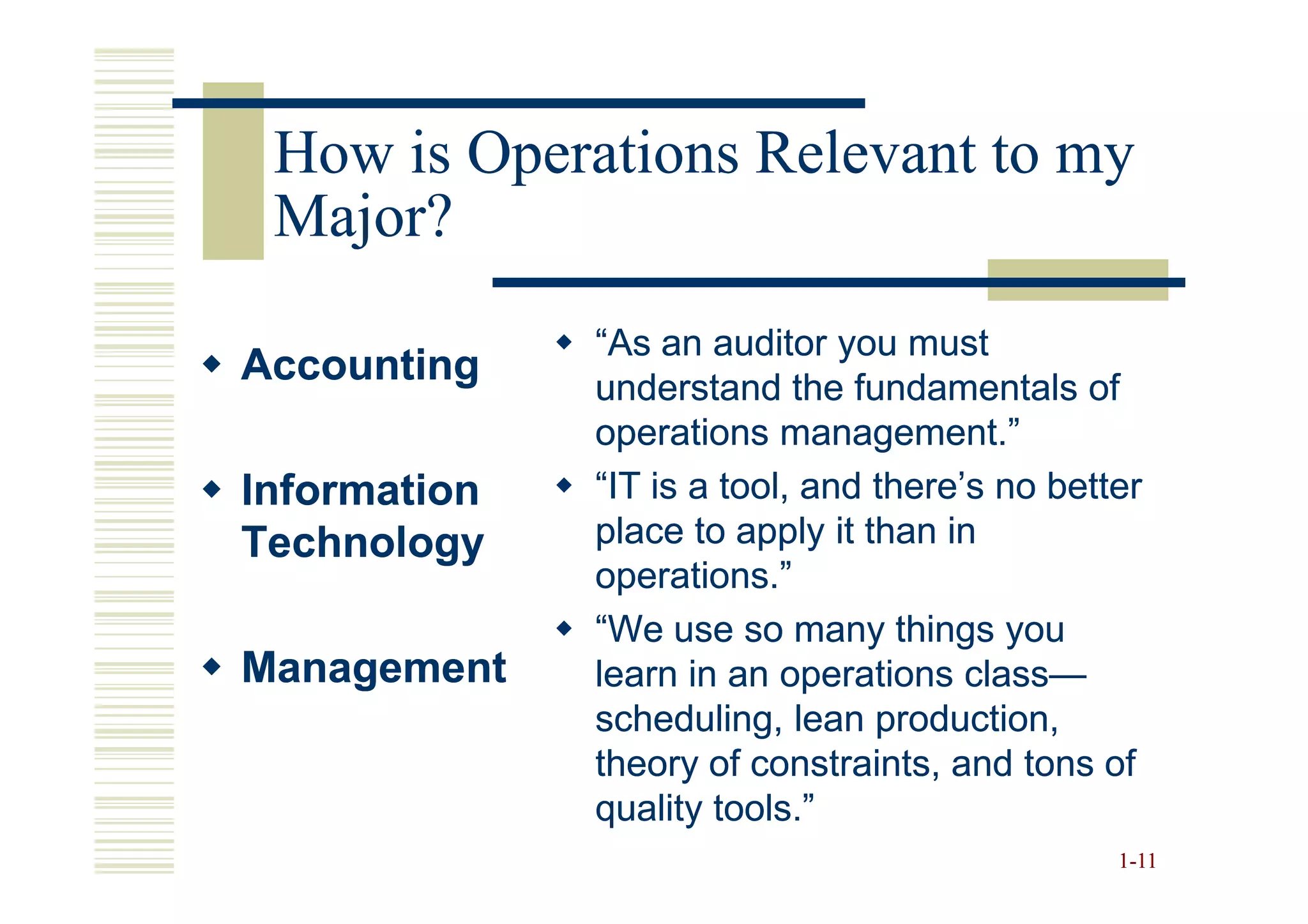 How is Operations Relevant to my
 Major?
              “As an auditor you must
Accounting    understand the fundamentals of
              operations management.”
Information   “IT is a tool, and there’s no better
Technology    place to apply it than in
              operations.”
              “We use so many things you
Management    learn in an operations class—
                                       class—
              scheduling, lean production,
              theory of constraints, and tons of
              quality tools.”
                                                1-11
 