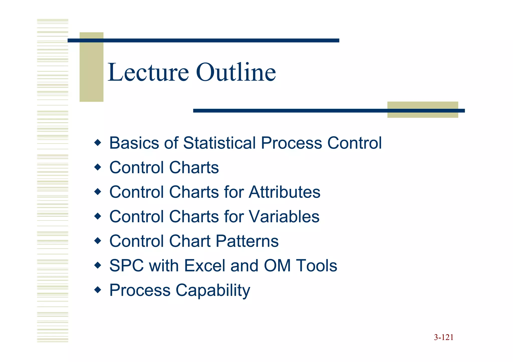 Lecture Outline

Basics of Statistical Process Control
Control Charts
Control Charts for Attributes
Control Charts for Variables
Control Chart Patterns
SPC with Excel and OM Tools
Process Capability

                                        3-121
 