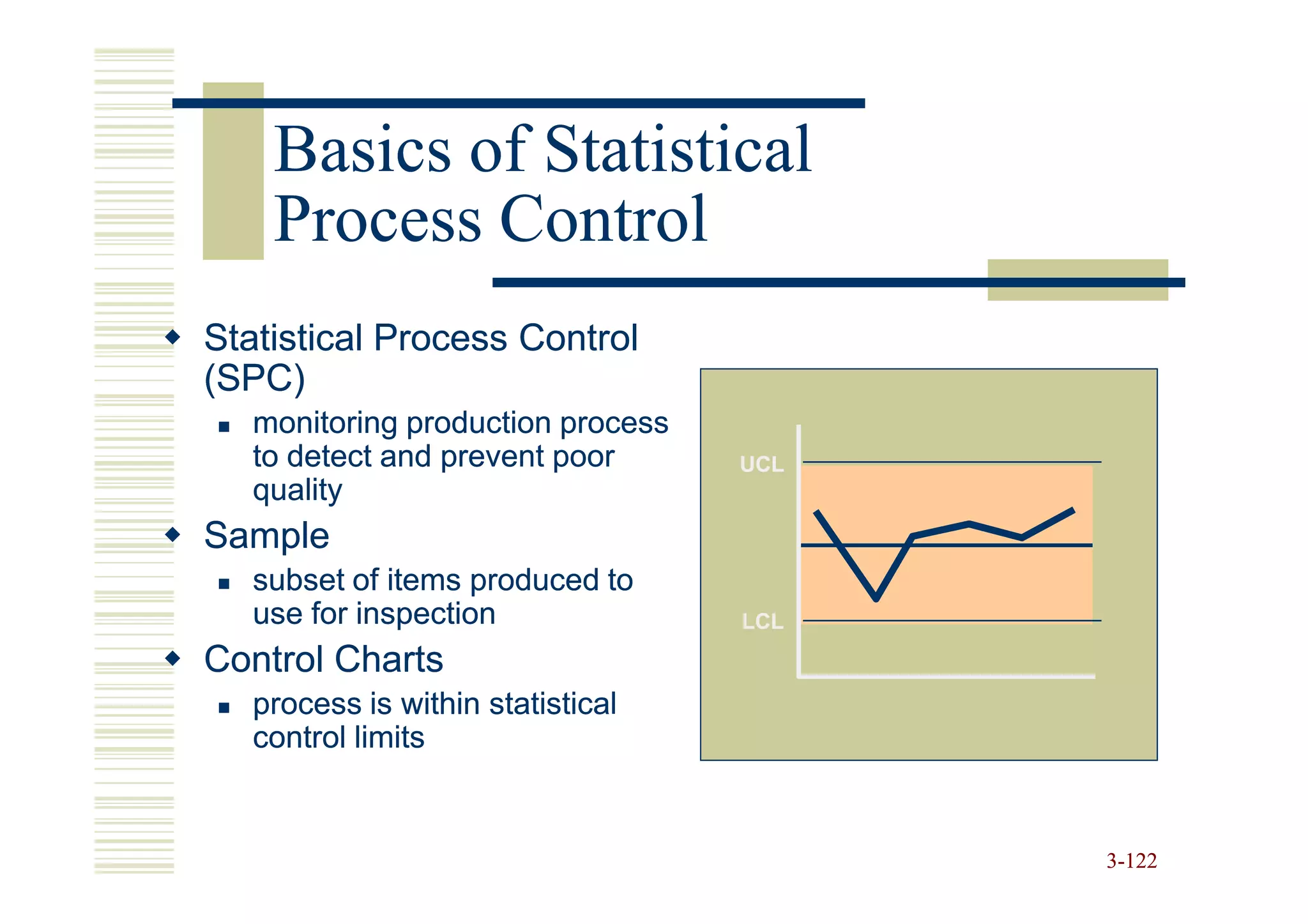 Basics of Statistical
    Process Control
Statistical Process Control
(SPC)
   monitoring production process
   to detect and prevent poor      UCL
   quality
Sample
   subset of items produced to
   use for inspection              LCL
Control Charts
   process is within statistical
   control limits


                                         3-122
 
