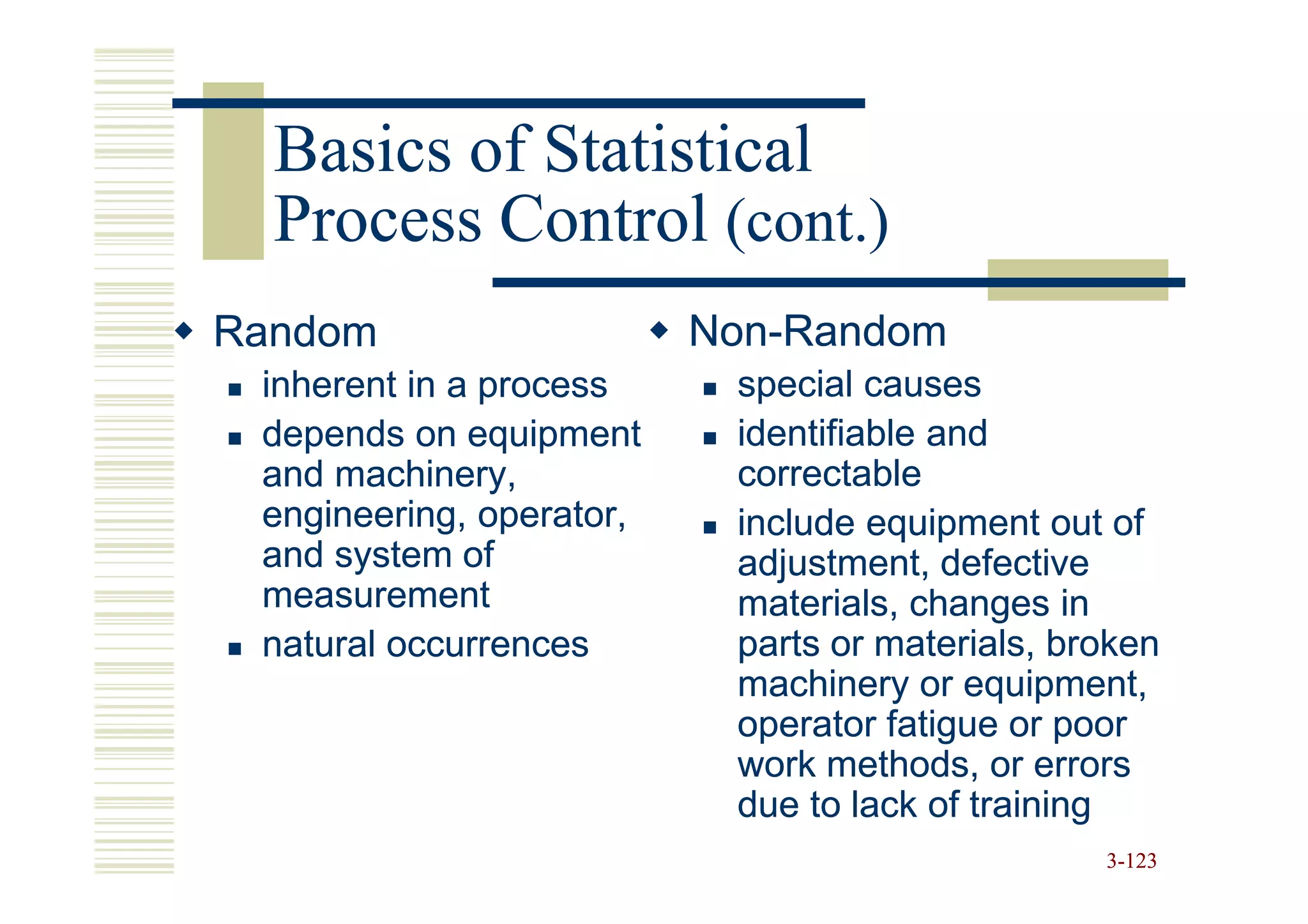 Basics of Statistical
  Process Control (cont.)
Random                    Non-
                          Non-Random
 inherent in a process     special causes
 depends on equipment      identifiable and
 and machinery,            correctable
 engineering, operator,    include equipment out of
 and system of             adjustment, defective
 measurement               materials, changes in
 natural occurrences       parts or materials, broken
                           machinery or equipment,
                           operator fatigue or poor
                           work methods, or errors
                           due to lack of training
                                                 3-123
 