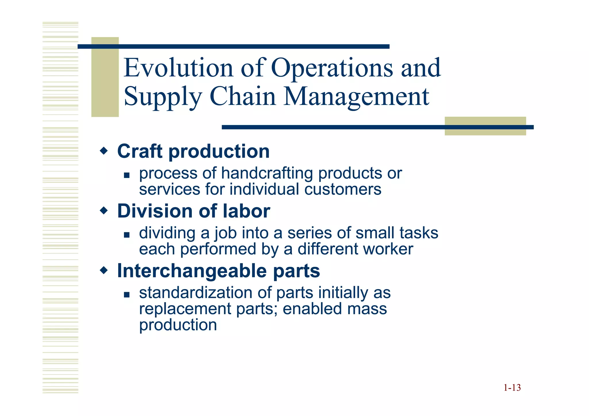 Evolution of Operations and
Supply Chain Management
Craft production
  process of handcrafting products or
  services for individual customers
Division of labor
  dividing a job into a series of small tasks
  each performed by a different worker
Interchangeable parts
  standardization of parts initially as
  replacement parts; enabled mass
  production


                                                1-13
 