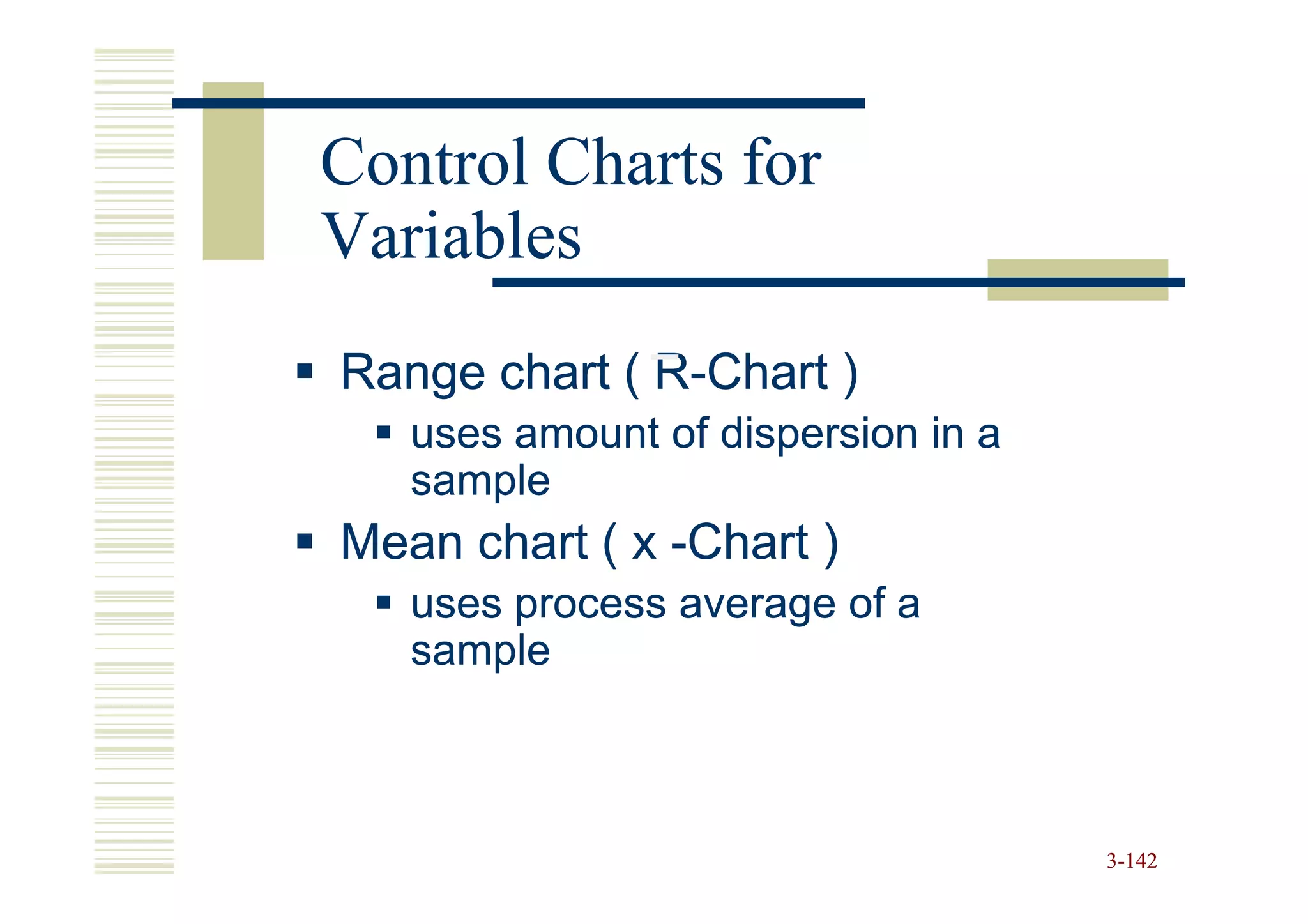 Control Charts for
Variables
Range chart ( R-Chart )
              R-
   uses amount of dispersion in a
   sample
Mean chart ( x -Chart )
   uses process average of a
   sample



                                    3-142
 