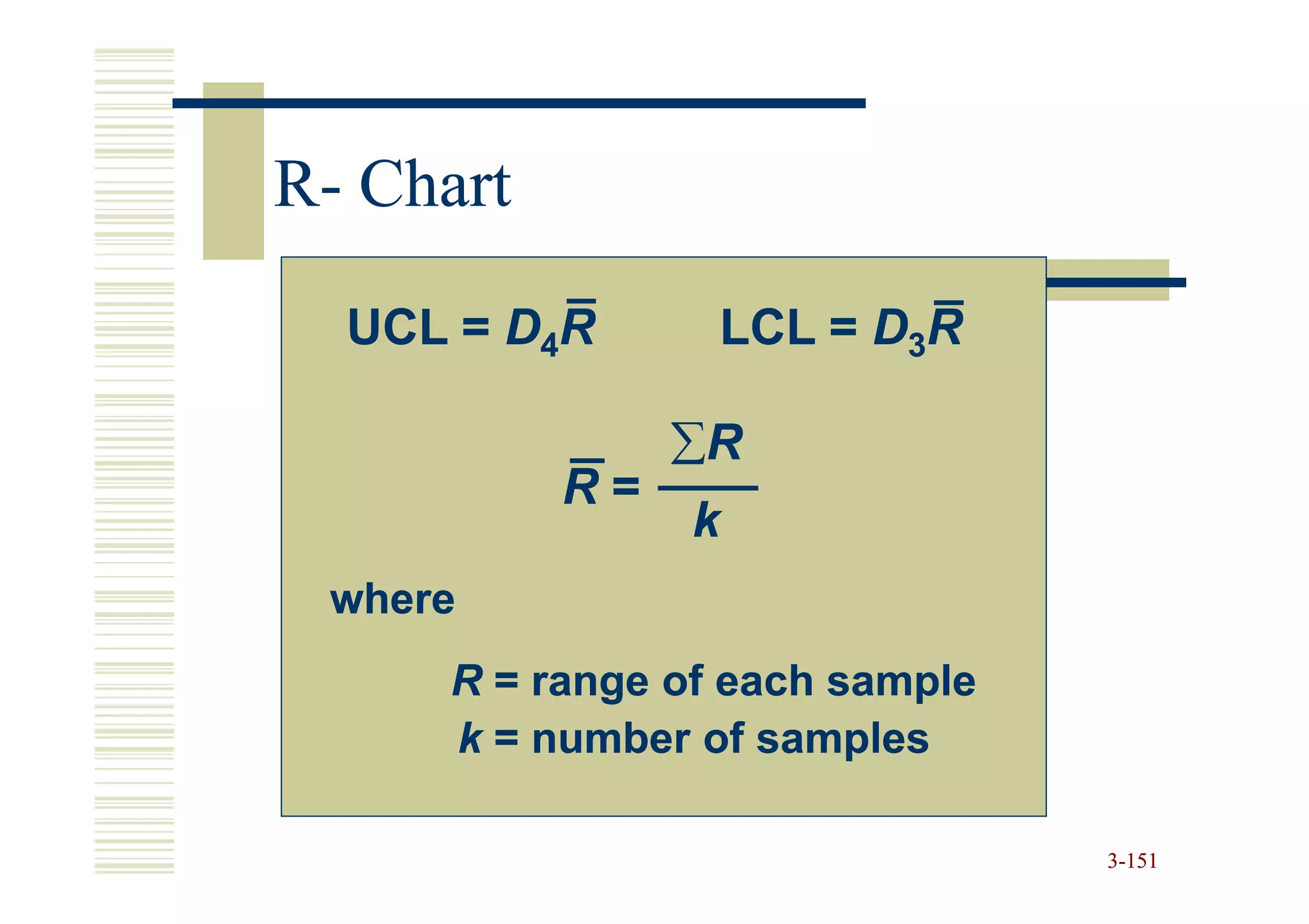 R- Chart

  UCL = D4R      LCL = D3R

                ∑R
           R=
                k
 where
     R = range of each sample
     k = number of samples

                                3-151
 