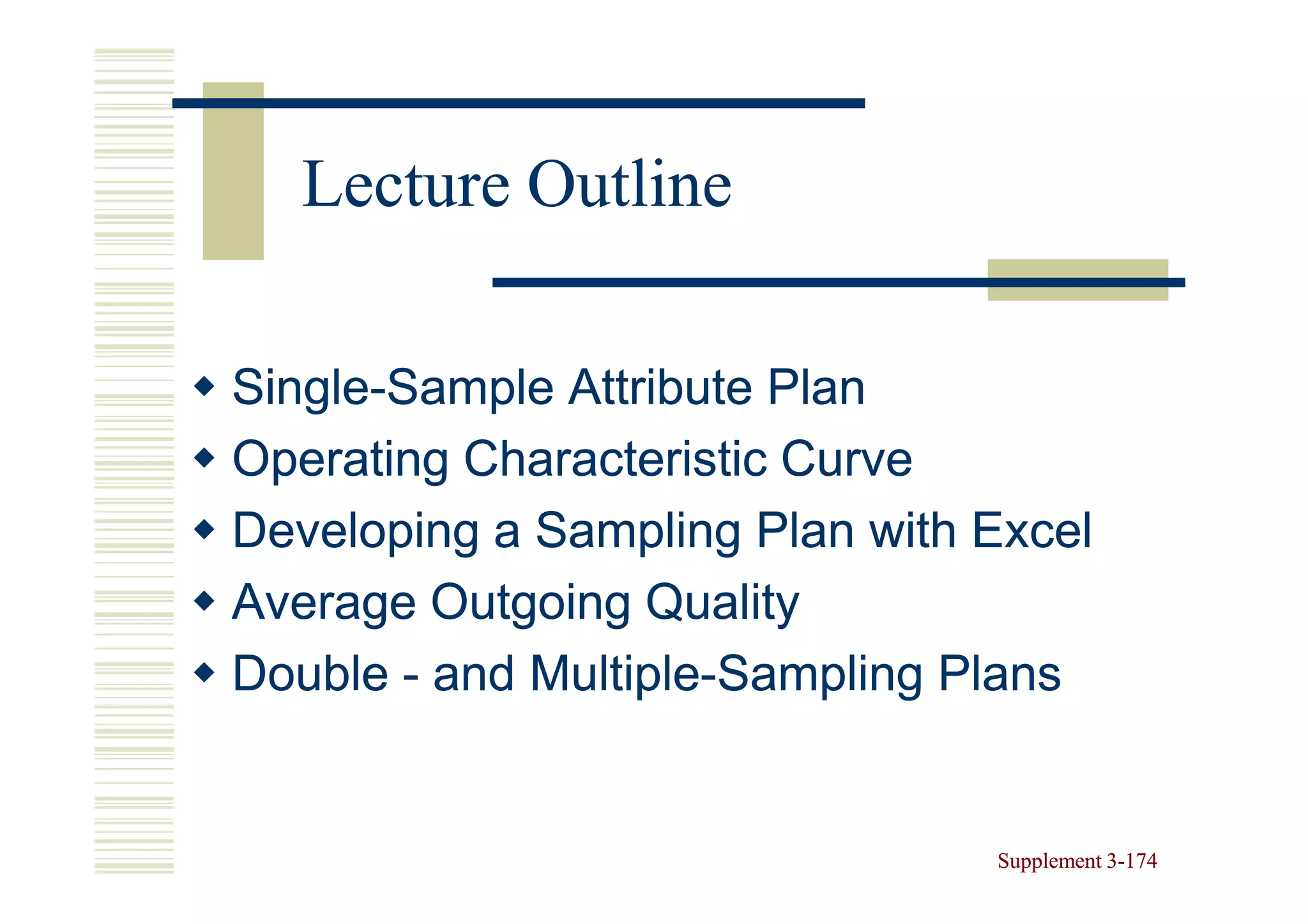 Lecture Outline

Single-
Single-Sample Attribute Plan
Operating Characteristic Curve
Developing a Sampling Plan with Excel
Average Outgoing Quality
Double - and Multiple-Sampling Plans
             Multiple-


                                Supplement 3-174
                                           3-
 