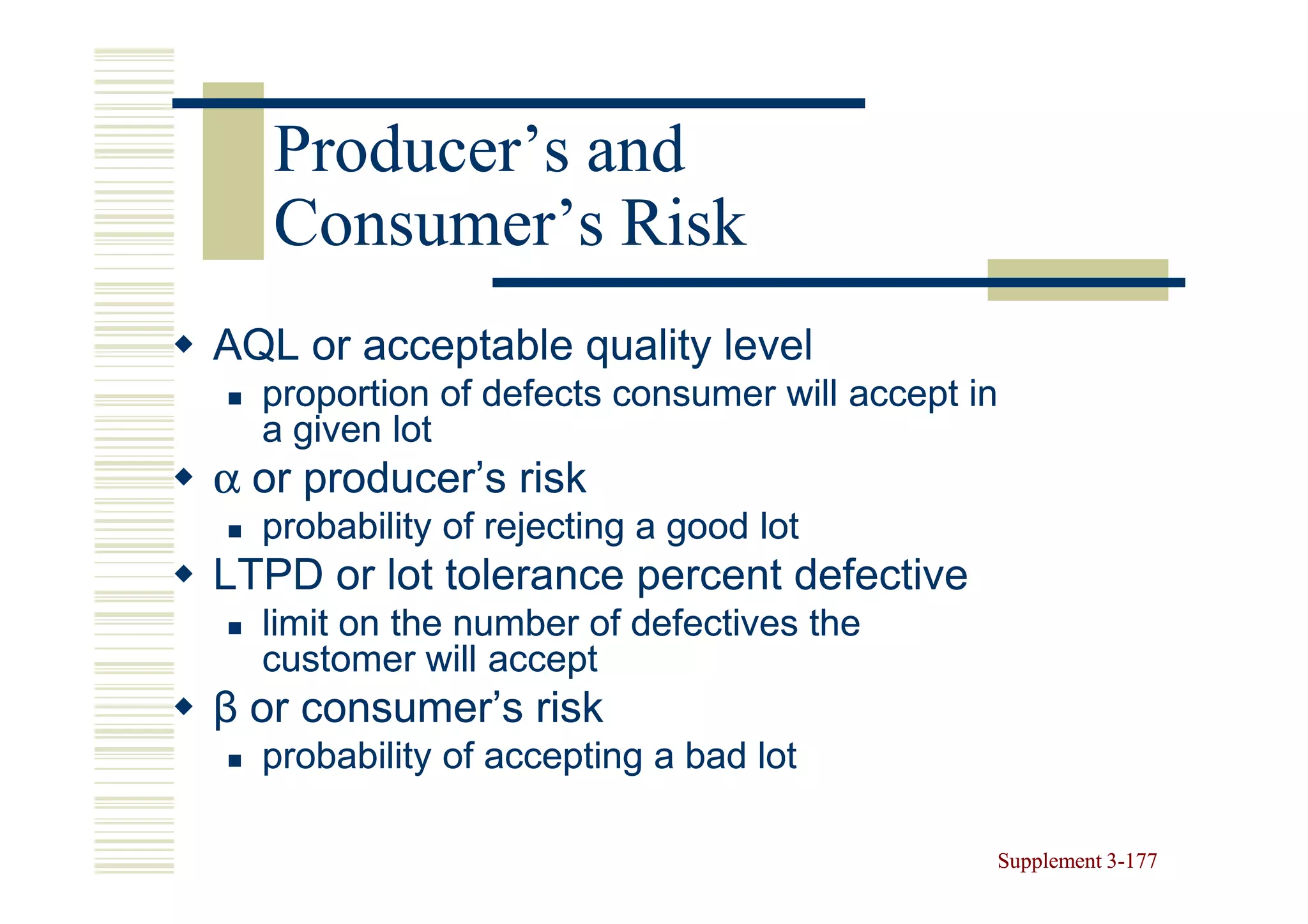 Producer’s and
   Consumer’s Risk
AQL or acceptable quality level
  proportion of defects consumer will accept in
  a given lot
α or producer’s risk
  probability of rejecting a good lot
LTPD or lot tolerance percent defective
  limit on the number of defectives the
  customer will accept
β or consumer’s risk
  probability of accepting a bad lot

                                              Supplement 3-177
                                                         3-
 