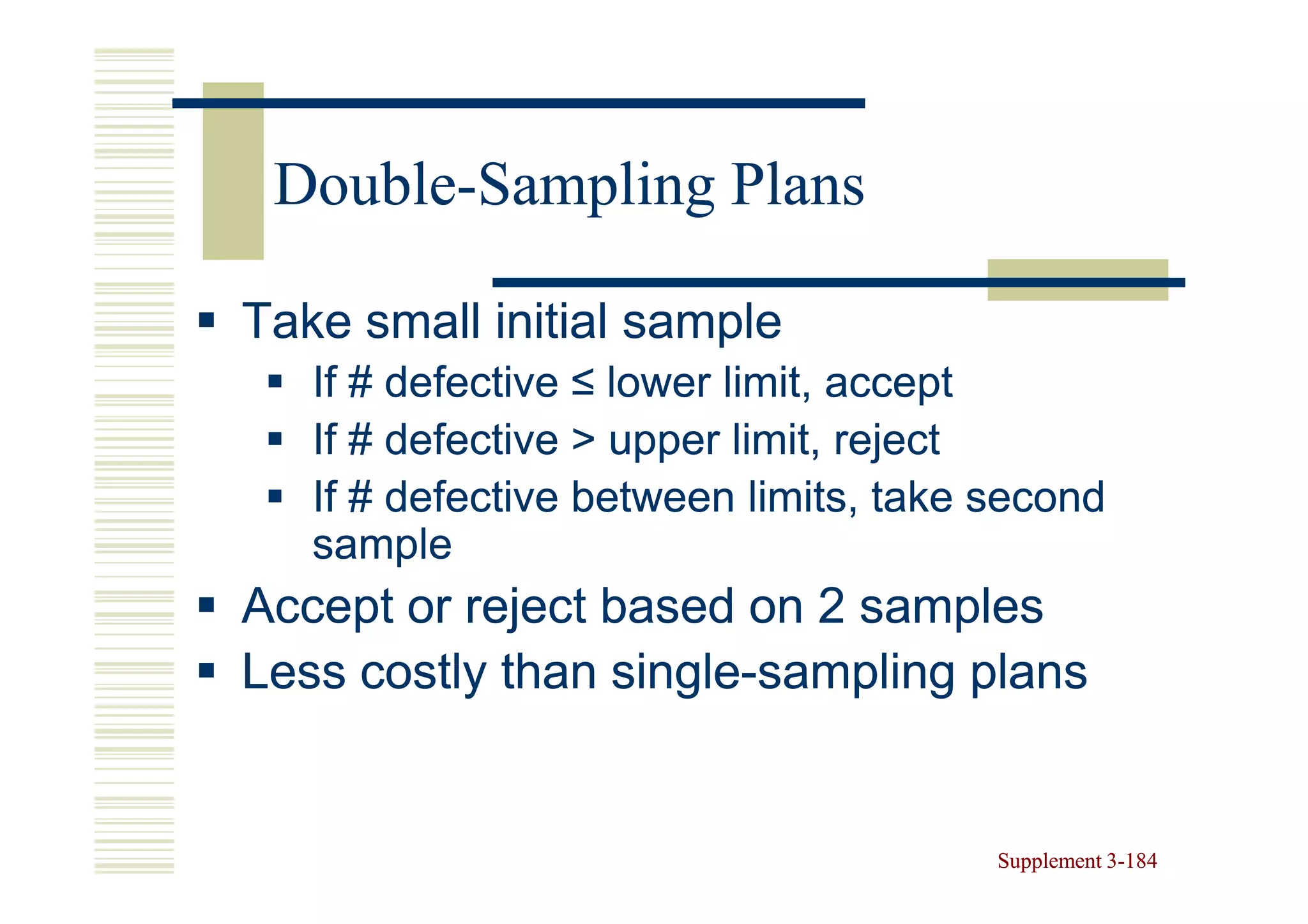 Double-
 Double-Sampling Plans

Take small initial sample
   If # defective ≤ lower limit, accept
   If # defective > upper limit, reject
   If # defective between limits, take second
   sample
Accept or reject based on 2 samples
Less costly than single-sampling plans
                 single-


                                       Supplement 3-184
                                                  3-
 