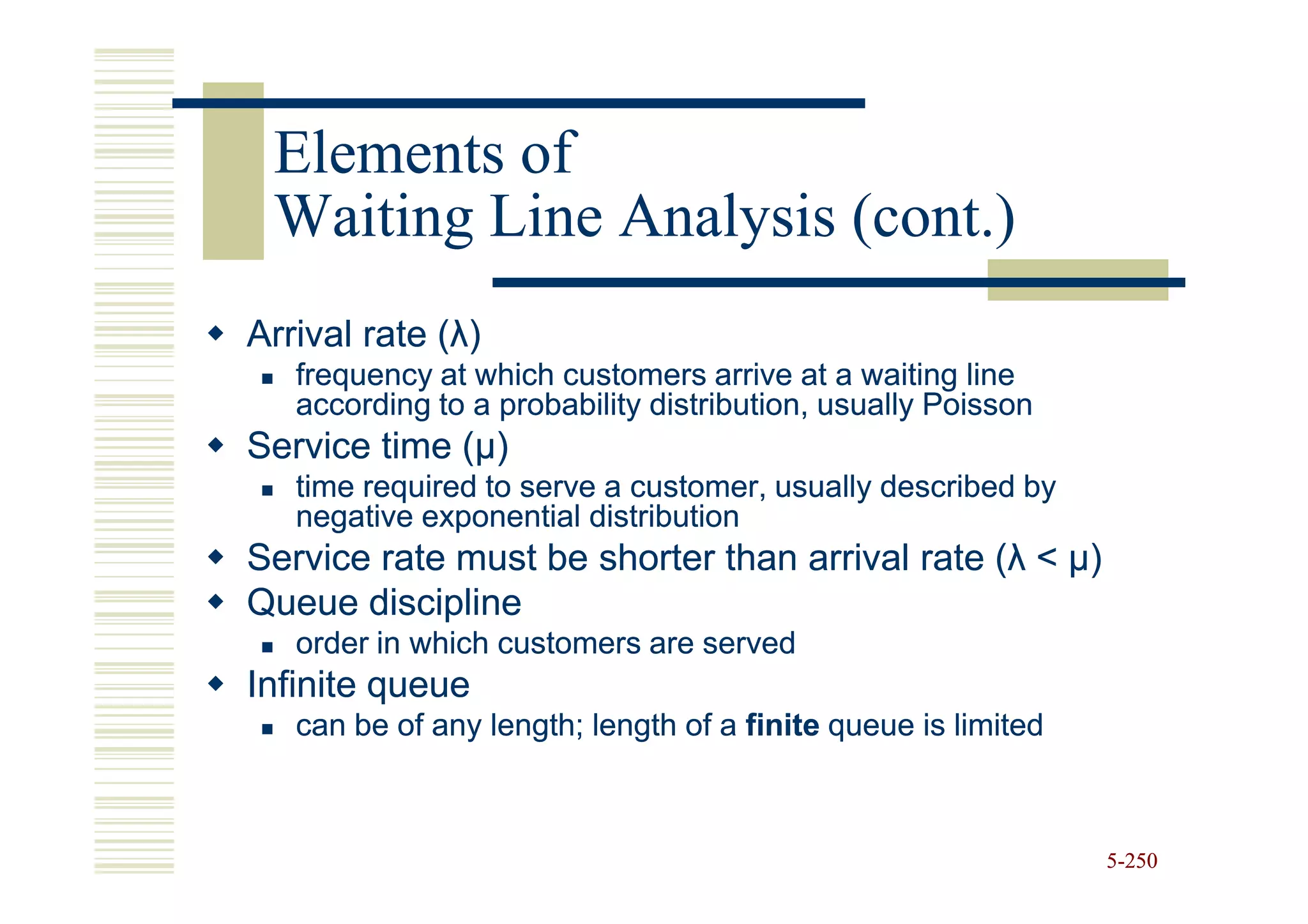 Elements of
 Waiting Line Analysis (cont.)
Arrival rate (λ)
             (λ
   frequency at which customers arrive at a waiting line
   according to a probability distribution, usually Poisson
Service time (µ)
             (µ
   time required to serve a customer, usually described by
   negative exponential distribution
Service rate must be shorter than arrival rate (λ < µ)
                                               (λ
Queue discipline
   order in which customers are served
Infinite queue
   can be of any length; length of a finite queue is limited



                                                               5-250
 
