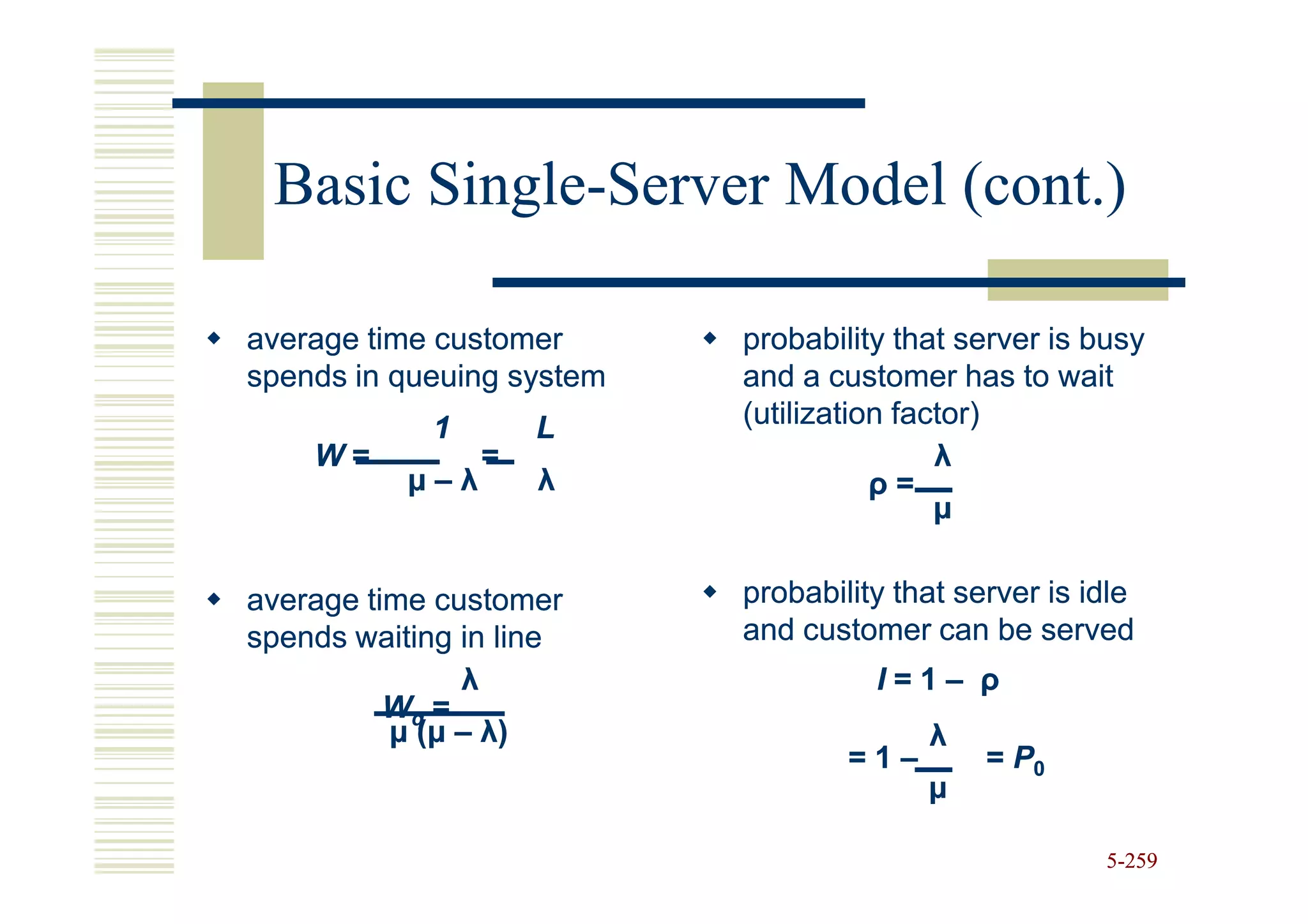 Basic Single-Server Model (cont.)
       Single-

average time customer      probability that server is busy
spends in queuing system   and a customer has to wait
            1        L     (utilization factor)
    W=           =                         λ
           µ–λ       λ                ρ=
                                           µ

average time customer      probability that server is idle
spends waiting in line     and customer can be served
                λ                    I=1– ρ
          Wq =
          µ ( µ – λ)                     λ
                                   =1–        = P0
                                         µ

                                                       5-259
 