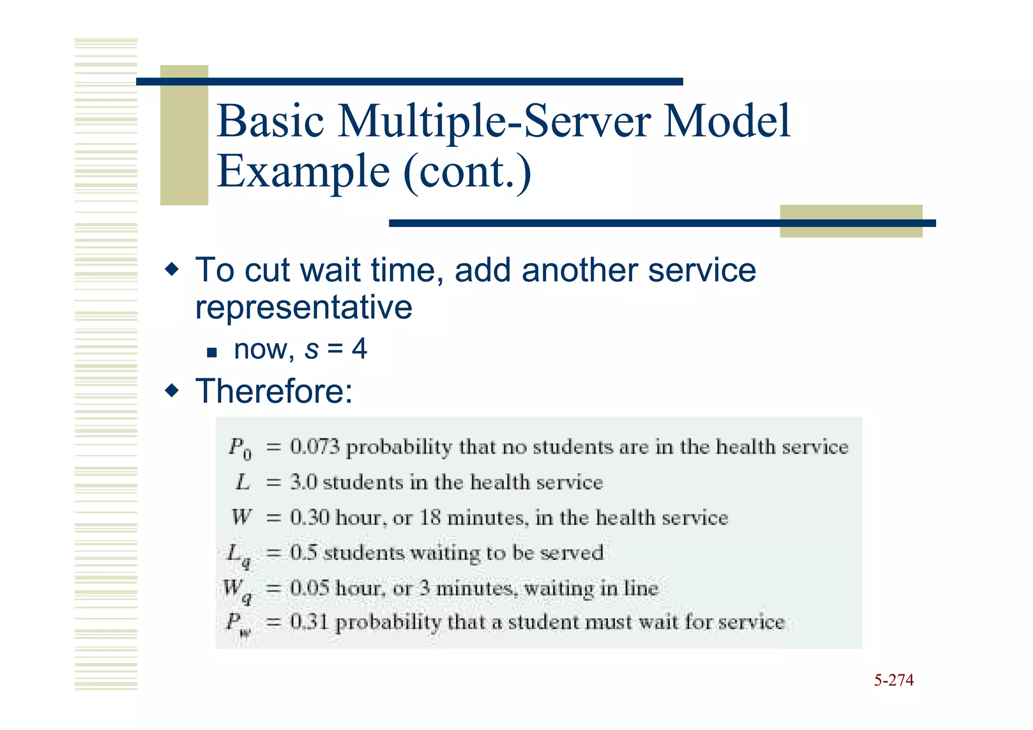 Basic Multiple-Server Model
       Multiple-
 Example (cont.)
To cut wait time, add another service
representative
  now, s = 4
Therefore:




                                        5-274
 