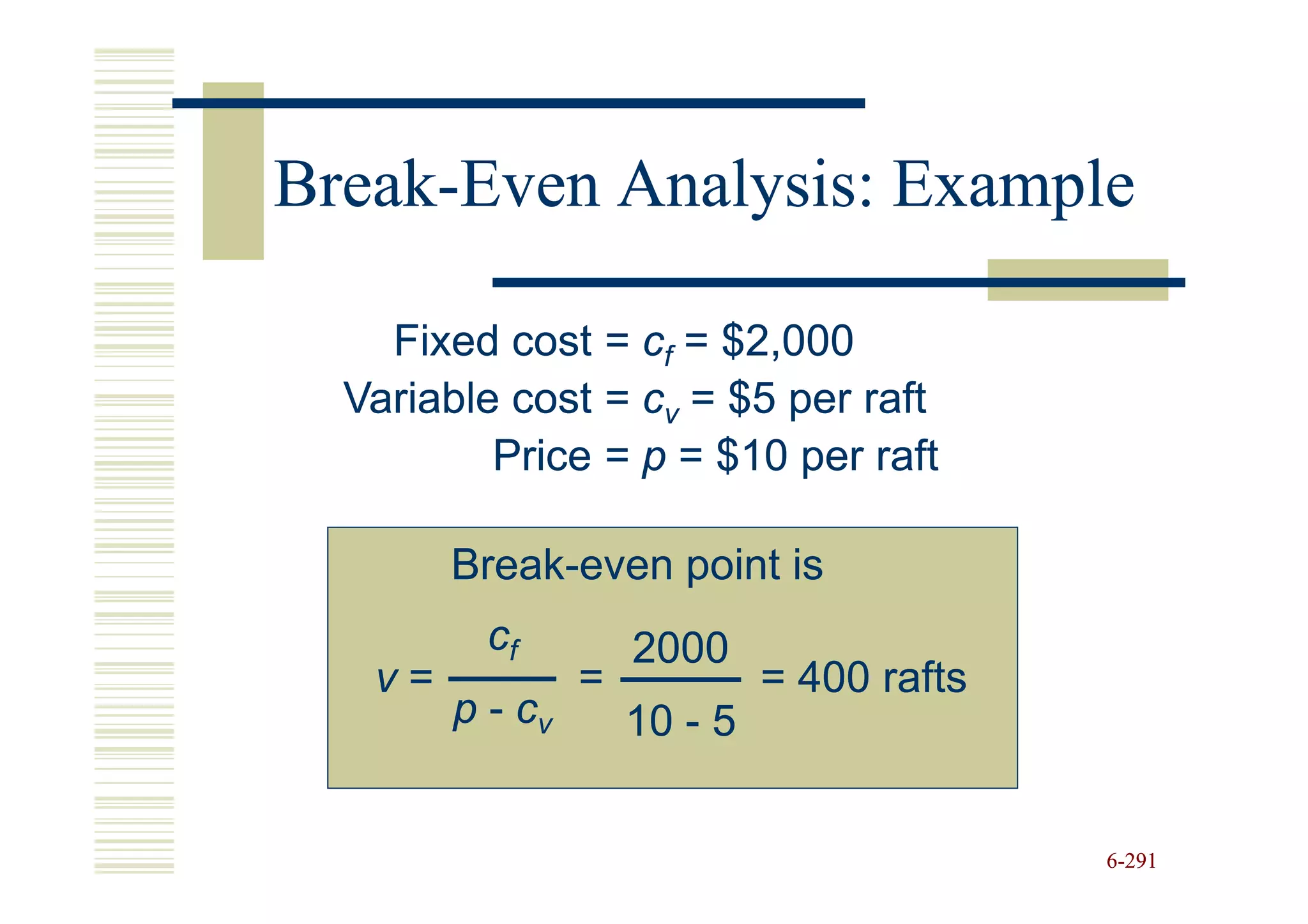 Break-
Break-Even Analysis: Example

    Fixed cost = cf = $2,000
  Variable cost = cv = $5 per raft
          Price = p = $10 per raft

        Break-
        Break-even point is
          cf         2000
   v=            =            = 400 rafts
        p - cv       10 - 5


                                            6-291
 
